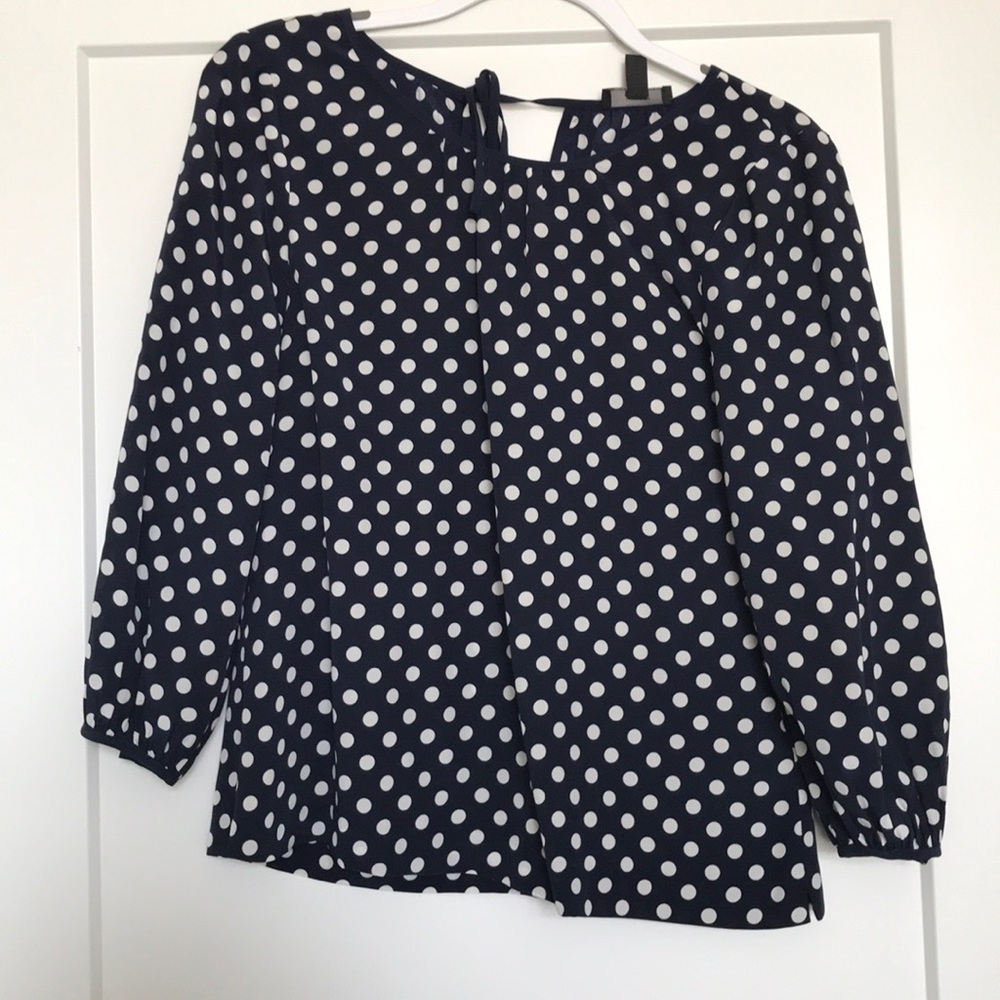 Jcrew navy and white polka dot silk blouse